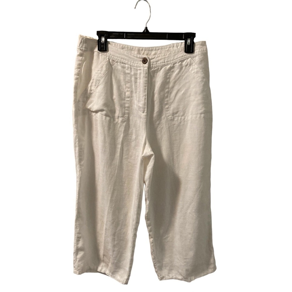 Chico's 100%‎ Linen White Crop Pants US Size 10 Chicos 1.5 Pockets Wide Leg